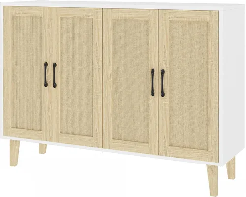 Panana Armario de almacenamiento de buffet con decoración de ratán 4 puertas, aparador de cocina para sala de estar, 48.43 x 34.65 x 15 pulgadas