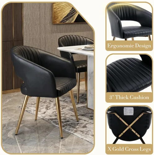 Miniatura 4 de Juego de 2 sillas de comedor modernas, tapizadas de piel sintética dorada con respaldo hueco, sillas de cocina con reposabrazos decorativos