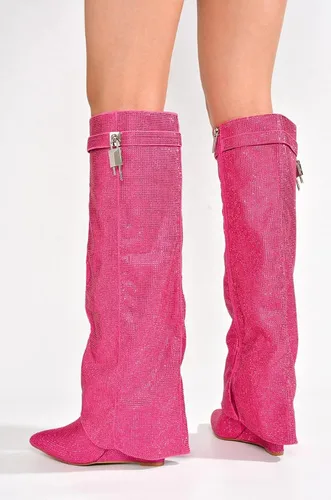 Miniatura 5 de Cape Robbin Botas de diamantes de imitación para mujer, con candado, hasta la rodilla, tacón de cuña, punta puntiaguda, botas altas de meter