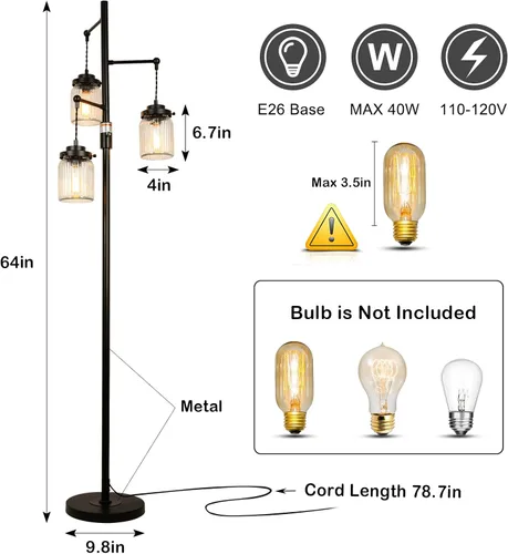 Miniatura 5 de Lámpara rústica industrial de granja con 3 pantallas de vidrio, lámparas de pie altas con interruptor regulable, base resistente, lámparas de pie