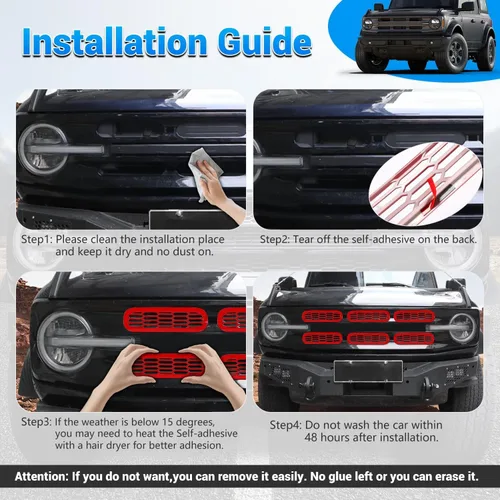 Miniatura 2 de Marco de cubierta de malla para parrilla delantera, insertos de parachoques delantero, accesorios de decoración con clip para Ford Bronco Offroad