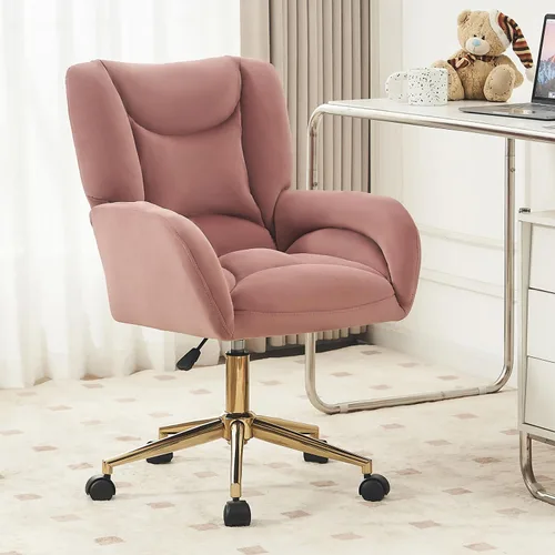 Miniatura 11 de Velvet Swivel Desk Chair with Gold Base - 360° Rotating Office Chair with Ergonomic Tufted Backrest, Thick Sponge Cushion & Universal Wheels for