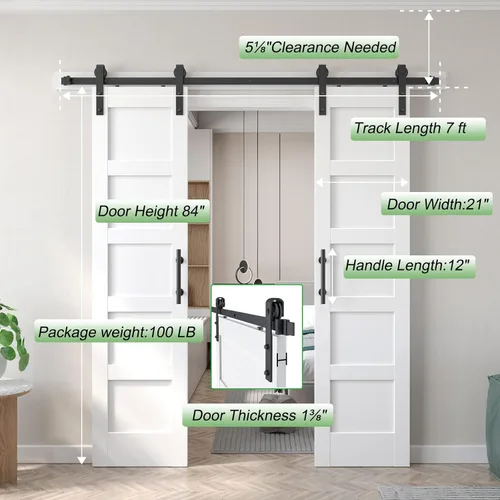 Miniatura 7 de Fredbeck Puerta de granero blanca doble de 21 x 84 pulgadas y kit de herrajes para puerta corrediza de granero de 7 pies incluidos, sólido, MDF