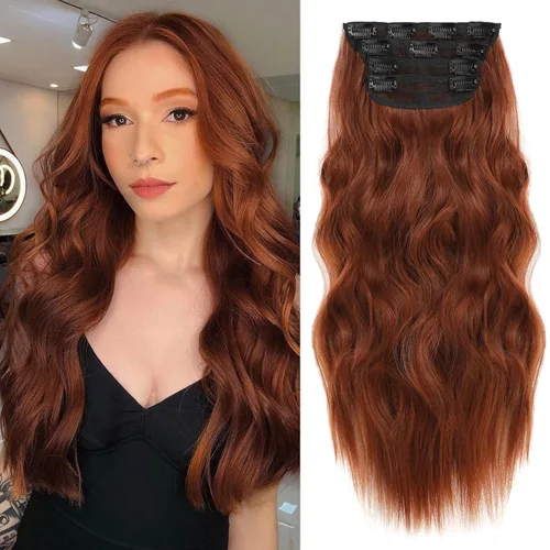 Miniatura 18 de NAYOO 4 piezas Extensiones de cabello con pinza, ondas largas y rizadas, sintéticas, gruesas, con fibra de doble trama, para mujeres, color cobre
