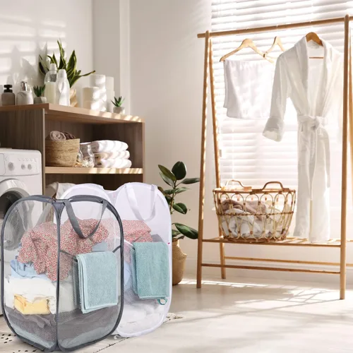 Miniatura 4 de BATTOO Cesta de lavandería emergente de malla fuerte de lujo con bolsillo lateral, cesta plegable para cuarto de lavado, baño, habitación de niños