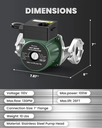 Miniatura 7 de Bomba de recirculación de agua caliente de 110 V, bomba circuladora de acero inoxidable con bridas NPT de 1 pulgada, control de 3 velocidades