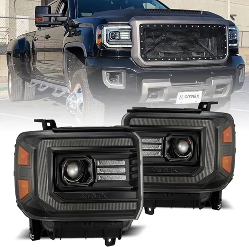 Miniatura 5 de AlphaRex serie luxx Alpha Negro Ajuste 14-18 GMC Sierra 1500/15-18 Sierra 2500HD/3500HD Faros delanteros LED DRL Tubo Proyector con luz de activación