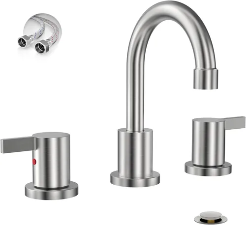 Miniatura 10 de Phiestina Grifo de baño cromado extendido de 8 pulgadas con 3 orificios, grifo de tocador de baño de 2 manijas con desagüe emergente de metal