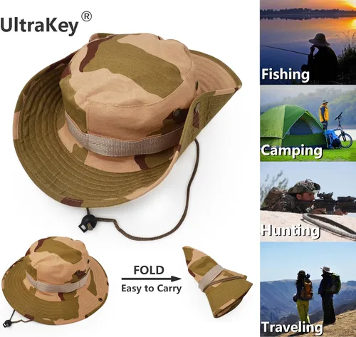 Miniatura 2 de Sombrero de protección solar de ala ancha para exteriores, clásico estilo militar de combate de EE. UU., gorra de sol para pesca, caza, campamento