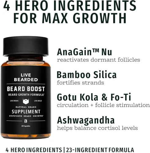Miniatura 5 de Live Bearded Beard Boost - Vitaminas para el crecimiento de la barba para hombres con biotina, colágeno, sílice, raíz de Fo-Ti, crecimiento facial