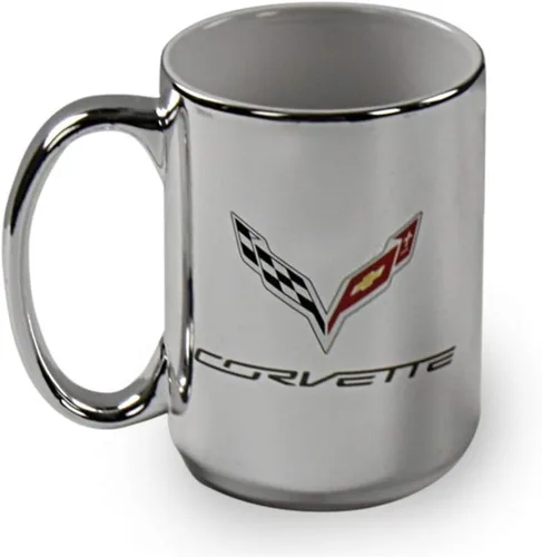 C7 Corvette Stingray Taza de café – Plata 15 oz – Taza de cerámica con logotipo de banderas cruzadas