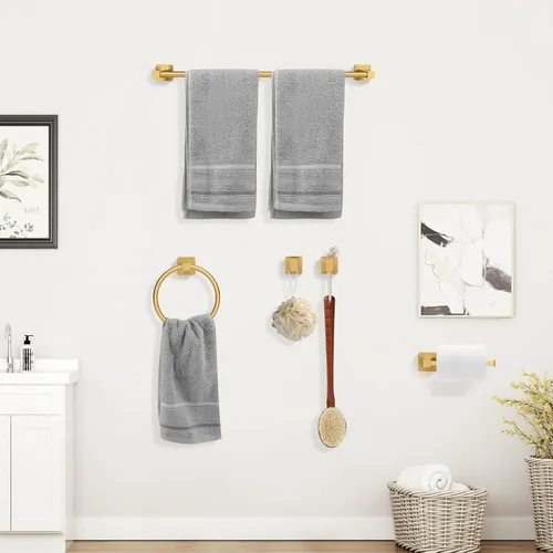 Miniatura 6 de Juego de 5 piezas de accesorios de baño de oro cepillado, juego de barra de toalla de mano de acero inoxidable de 60 cm dorado, soporte de papel