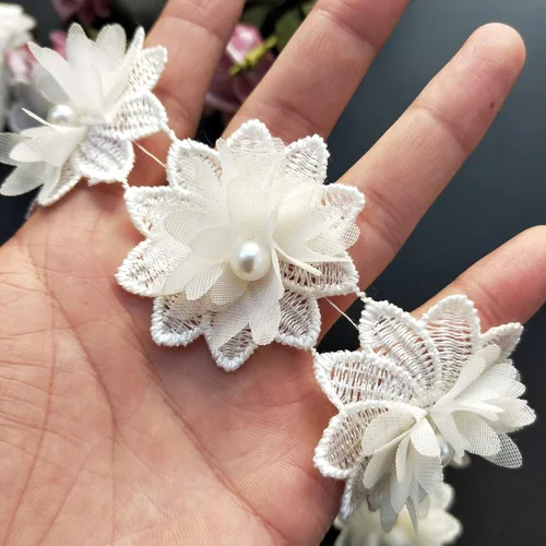 20 cuentas de perlas de flores 3D de gasa floral de encaje con borde de 2 pulgadas de ancho, adornos de borde de estilo vintage, adornos de tela