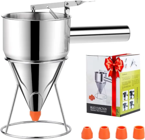 Choxila Dispensador de masa para panqueques de 40 onzas, dispensador de pastel de embudo de acero inoxidable de 4 calibre con soporte, ideal para