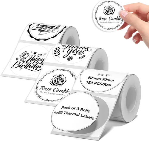 3 rollos de etiquetas redondas blancas para el etiquetador NIIMBOT B1 B21 B3S K3, etiquetas de 2" x 2" (50x50mm) para impresora, etiquetas para
