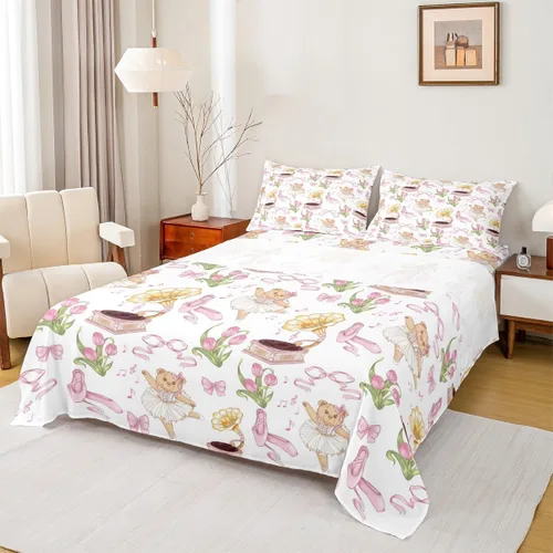 Juego de sábanas de princesa con lazo rosa para niños, tamaño individual, zapatos de ballet, juego de ropa de cama de dibujos animados de oso