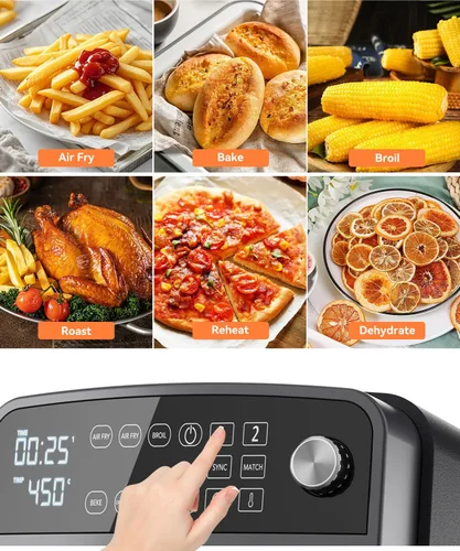 Miniatura 4 de Horno freidor de aire de doble capa de 12QT, capacidad de 6QT×2, diseño vertical de 2 cestas, función 7 en 1 con parrilla, asar, hornear