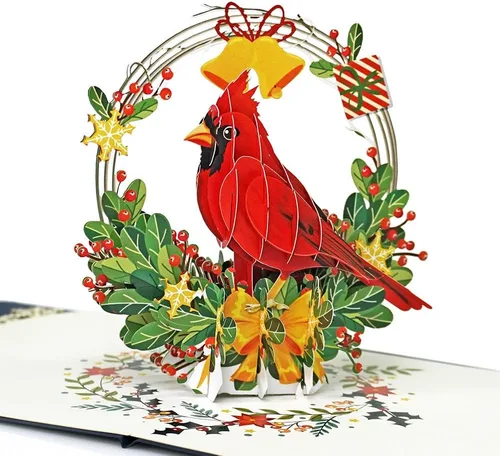 CUTPOPUP - Tarjeta de felicitación con diseño de cardenal, Feliz Navidad, Navidad 3D, Año Nuevo, tarjeta de felicitación (cesta de cardenal)