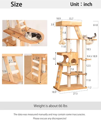 Miniatura 10 de Árbol de madera para gatos grandes, torre moderna para gatos de 62 pulgadas de alto con casita y postes rascadores, fácil de limpiar, de alta