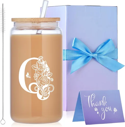 Miniatura 19 de Vasos de vidrio con iniciales con tapas y pajitas, regalos con monograma para mujeres, vaso de vidrio de cerveza de 16 onzas, taza de café helado
