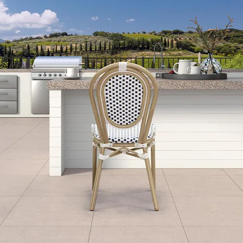 Miniatura 51 de PURPLE LEAF Juego de 1 silla de comedor al aire libre, marco de aluminio francés en acabado de bambú con ratán tejido ámbar y blanco para cocina