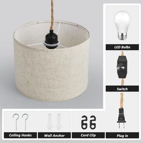Miniatura 5 de KUAUGST - Luz colgante enchufable, lámpara colgante con cable enchufable con interruptor regulable, lámpara colgante con 15 pies de cuerda
