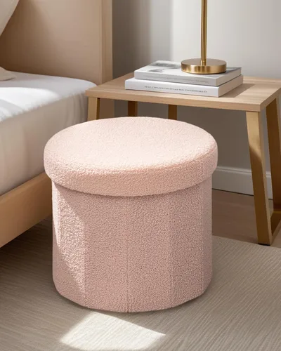 Miniatura 2 de Round Boucle - Otomana de almacenamiento, reposapiés tapizado pequeño de 15 pulgadas con almacenamiento, reposapiés otomano compacto para sala