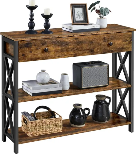 Miniatura 11 de Yaheetech - Consola con cajón, mesa de entrada con 3 repisas de almacenamiento, mesa estrecha larga para entrada, sala de estar, pasillo, sofá, Gris