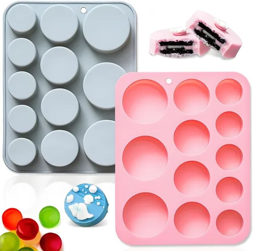 Juego de 2 moldes redondos de silicona, 12 cavidades para jabón y velas (3 tamaños) con kit rosa y gris, molde antiadherente para manualidades de