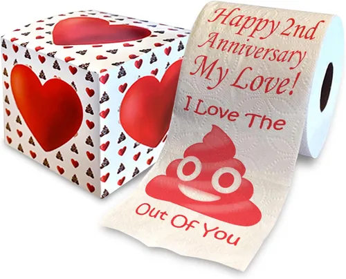 Impreso TP Happy Second Anniversary I Love You - Broma de papel higiénico impreso – Divertido regalo de broma novedosa, segundo aniversario para