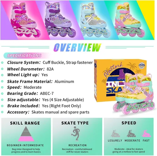 Miniatura 6 de Mammygol Patines en línea para niñas y niños, 4 tamaños ajustables para niñas de 3 a 12 años con ruedas iluminadas y protección de seguridad, regalo