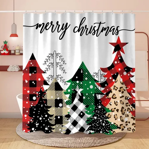 Miniatura 2 de Cortina de ducha de árbol de Navidad, diseño de búfalo negro y rojo, a cuadros, juego de cortinas de ducha de tela para decoración de baño