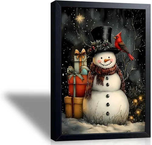 Arte de pared enmarcado de Navidad vintage, imágenes de muñeco de nieve, cuadros de Navidad, impresiones en lienzo de escena de invierno, pinturas