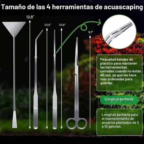 Miniatura 2 de 4 Piezas Herramientas de Paisajismo Acuático, Kit Jeimier Aquascape, Pinzas Largas y Fuertes para Acuario, Tijeras, Raspador de Algas, Herramientas