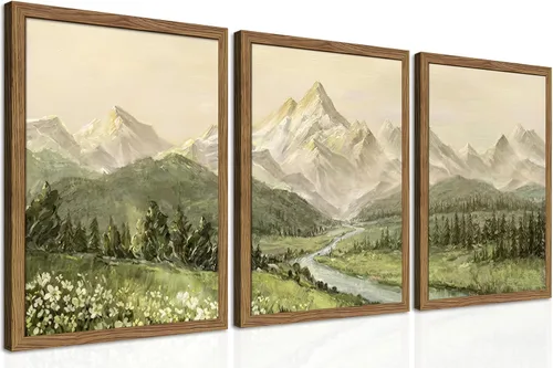 Miniatura 19 de Juego de 3 piezas de arte de pared de montaña colorida boho, pinturas abstractas de paisaje de flores de acuarela, pósters modernos de naturaleza