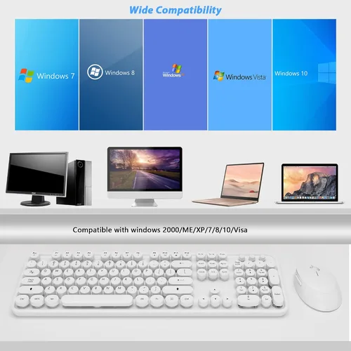 Miniatura 8 de Combo de teclado y mouse inalámbricos, teclado blanco lindo de 104 teclas con pad numérico y mouse para Windows, computadora, PC, portátil (blanco)