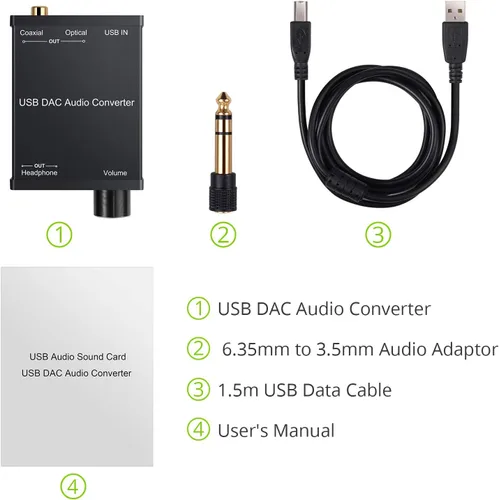 Miniatura 7 de LiNKFOR Amplificador USB DAC y auriculares, coaxial/óptico/salida de auriculares de 0.250 in, USB a coaxial S/PDIF convertidor digital a analógico