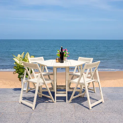 SAFAVIEH Kerman - Juego de comedor plegable de 5 piezas de madera de acacia lavada blanca con mesa plegable y 4 sillas de director (PAT7000A)