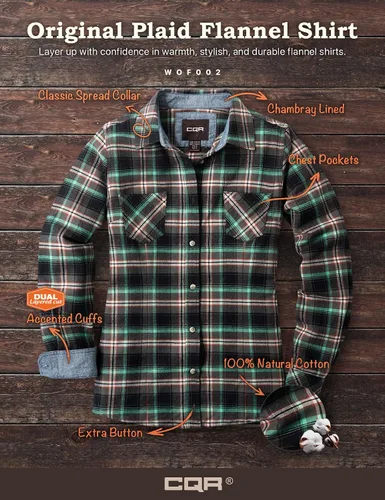 Miniatura 6 de CQR - Camisa de franela a cuadros para mujer, de manga larga, casual, de algodón suave cepillado y con botones