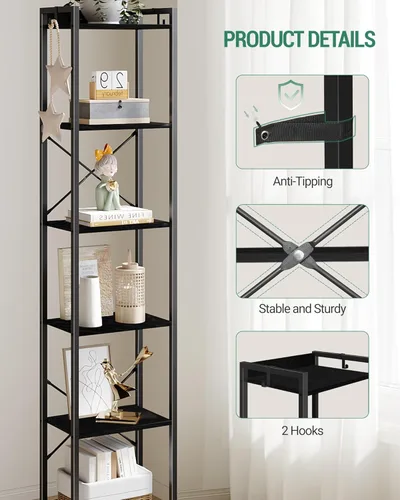 Miniatura 4 de Hzuaneri Estantería para libros, estantería industrial con 2 ganchos, organizador de almacenamiento para oficina en casa, sala de estar, dormitorio