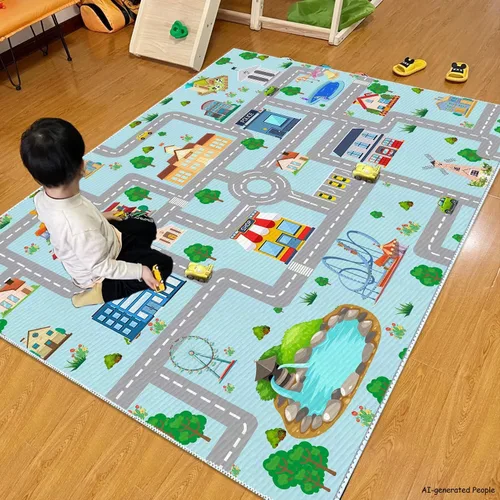 Miniatura 3 de Alfombra de coche para niños, 2 pies 7 pulgadas x 4 pies, alfombra de juego para trenes de autos de juguete, alfombra antideslizante para pista