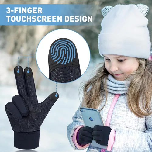 Miniatura 3 de EEFOW Guantes impermeables para pantalla táctil de invierno para niños guantes deportivos ligeros y cálidos para clima frío para niños de 6 a 12