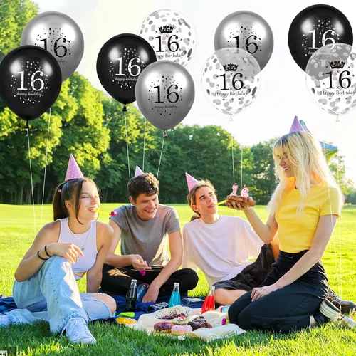 Miniatura 3 de Globos de 16 cumpleaños para decoración de niños, 15 unidades, color negro y plateado, para fiesta de feliz cumpleaños de 16 años, globos de confeti
