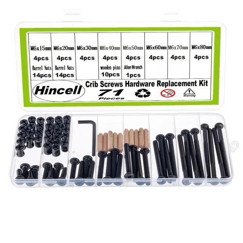 Crib Screws Hardware Replacement Kit - M6x15/20/30/40/50/60/70/80 mm Hex Drive Socket Cap Screws Barrel Nuts,71pcs 8 Size Crib Bolts &Barrel Nuts