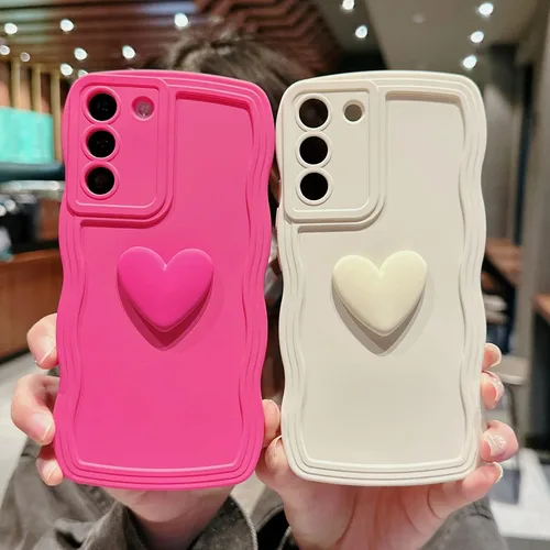 Miniatura 3 de Funda para Samsung Galaxy S22 para mujer, linda funda Kawaii 3D Love Heart color sólido rizado ondulado lente de cámara cubierta a prueba de golpes