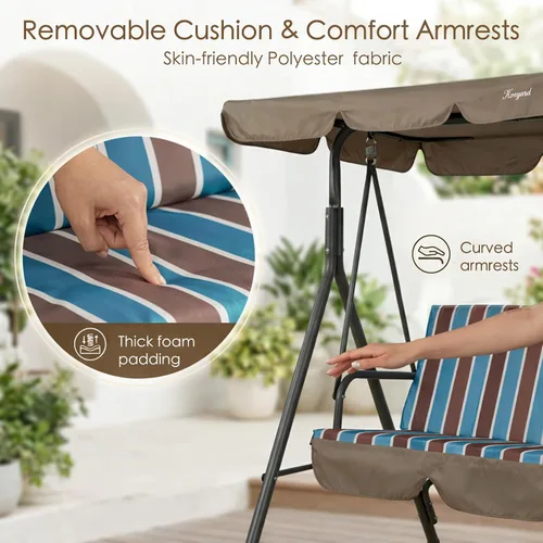 Miniatura 4 de Kozyard Alicia - Silla Columpio para Patio, Cómodos Asientos de 3 Cojines con Marco de Acero Resistente, Toldo Ajustable y Cojín Extraíble, Columpio