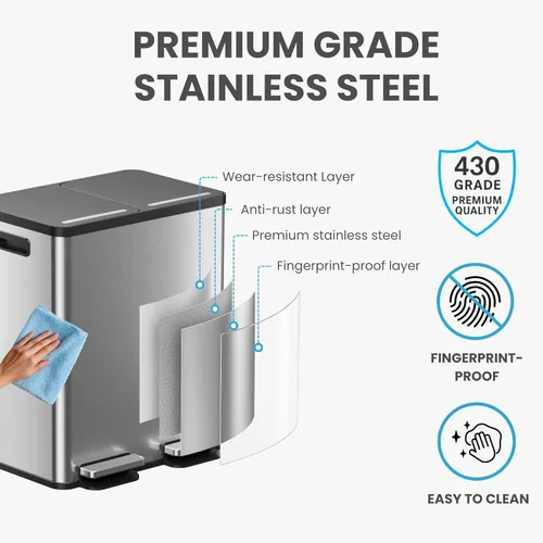 Miniatura 7 de iTouchless Cubo de basura doble de cocina de 16 galones / 60 L y cubo de reciclaje, cubos extraíbles de 2 x 8 galones, pedal de acero inoxidable