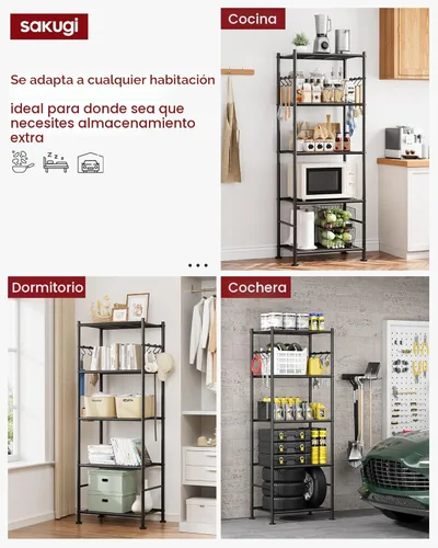 Miniatura 4 de Estanterías de almacenamiento Sakugi - Organizador de estante de gran capacidad de 5 niveles con ganchos, estanterías de garaje resistentes con pies