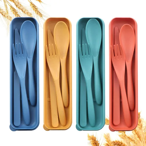 Juego de utensilios de viaje reutilizables con estuche, 4 juegos de paja de trigo portátil de plástico, tenedor, cucharas, cuchillo, cubiertos de