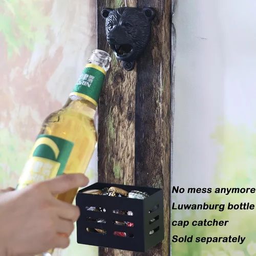 Miniatura 3 de Abridor de botellas de cerveza de hierro fundido con cabeza de oso negro, dientes grizzly montados en la pared para decoración de garaje de cueva